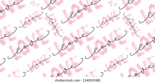 Seamless pattern with Love word hand drawn lettering. Dry brush texture. Modern calligraphy. Grunge vector illustration. Design for print on shirt, poster, banner. Pink color text on white background.