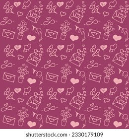Patrón sin foco con palabras de amor y lindos garabatos de amor en un oscuro fondo rosado.  Antecedentes del Día de San Valentín.  Bonitos símbolos.