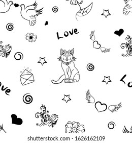 Seamless pattern with love words and lettering. Saint Valentine's Day background. Cute vector love doodles repeat print on white background with cats, letters, dove, hearts, stars, flowers.