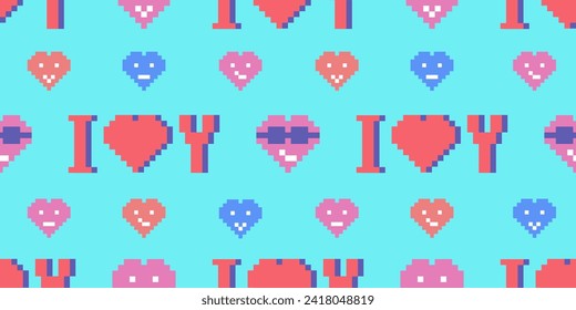 Nahtloses Muster mit mir liebe dich und Pixelherzen auf Blau, Vektorgrafik