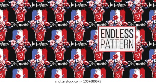 Seamless pattern with I love you text in French and flower pot with roses. French symbols hand drawn illustrations. Vector watercolor style vintage seamless on black background.