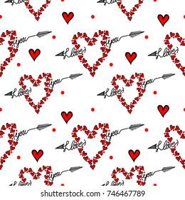 Seamless pattern with I love you text and red heart isolated on the white background. Love symbol background for greeting card. 