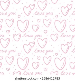 Seamless pattern with love you words and hearts. Valentine's day, wedding, dating background. Pink love vector illustration.