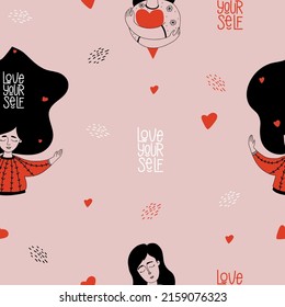 Seamless pattern Love yourself. Happy girls with big heart hugging themselves and meditating on light pink background. Vector illustration in hand drawn doodle style for decor, design, wallpaper.