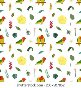 Seamless pattern with lovebird parrots on stick, tropical leaves and flowers. Cute baby print for fabric and textile.