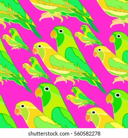 seamless pattern lovebirds a parrot couple with red beak on pink vector illustration
