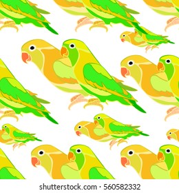 seamless pattern lovebirds parrot couple with a red beak  vector illustration
