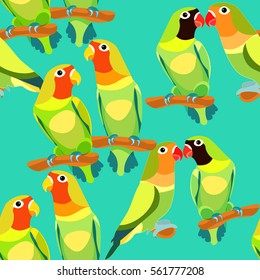 seamless pattern lovebirds parrot couple with a red and black  head on blue. vector illustration
