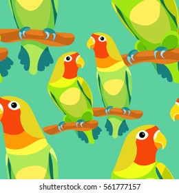 seamless pattern lovebirds parrot with a red head on blue. vector illustration
