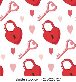 Seamless pattern of lovelock, love key and hearts on isolated background. Design for celebration Valentine’s Day, wedding, mother’s day. For greeting cards, scrapbooking or home decor.