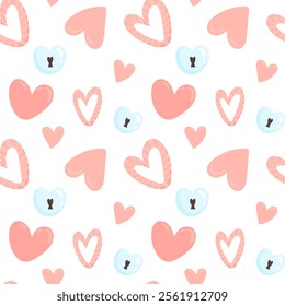 Seamless pattern of lovelock, love key and hearts on isolated background. Design for celebration Valentines Day, wedding, mothers day. For greeting cards, scrapbooking or home decor.