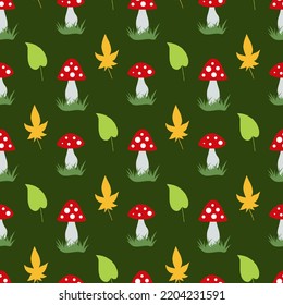 Seamless pattern with lovely amanita muscaria and autumn leaves on dark green background. Vector image.