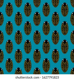 Seamless pattern of lovely beautiful black ladybugs looking up on a blue background. Flat vector illustration.