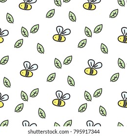 seamless pattern of lovely bee and green leaves, vector illustration, doodle style
