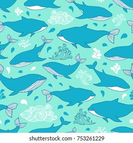 Seamless pattern with lovely big whales. Good for textile fabric design, wrapping paper and website wallpapers. Vector illustration.