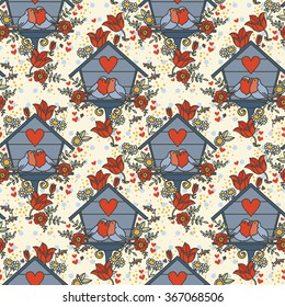 seamless pattern with lovely birds couples in nesting box, vector illustration