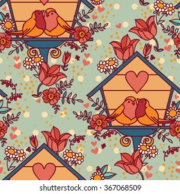 seamless pattern with lovely birds couples in nesting box, vector illustration