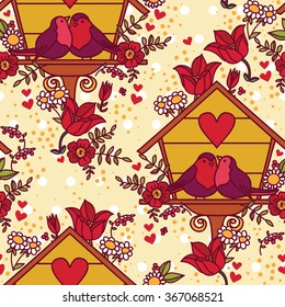 seamless pattern with lovely birds couples in nesting box, vector illustration