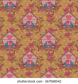 seamless pattern with lovely birds couples in nesting box, vector illustration