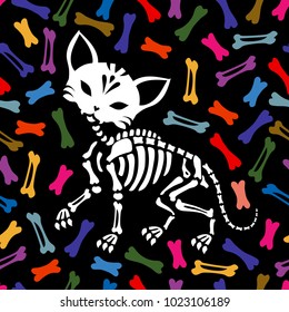 Seamless pattern. Lovely cat skeleton. Background of multi-colored bones. Can be used for t-short print, poster or card. Ideal for Halloween, the Day of the Dead and more.