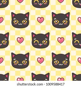 Seamless pattern. Lovely cats and hearts on a checkerboard background. Japanese style kawaii. Cats wink and tease, showing the tongue.