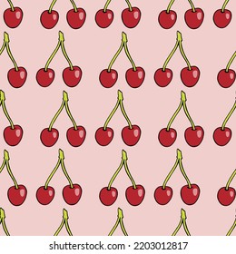 Patrón sin inconfundible con cereza encantadora sobre fondo rosa claro. Imagen vectorial.