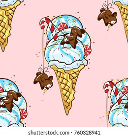 Seamless pattern with lovely chocolate rabbits eat delicious ice cream in a waffle cone, sweets and candies. Excellent illustration for printing on children's clothing, dishes, labels and stickers.