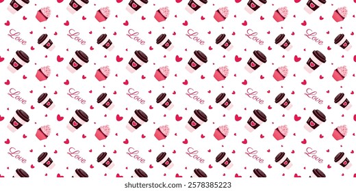 Seamless pattern with lovely coffee, capcakes, hearts and inscriptions on white background. Design for decorations, wrapping papper, packaging, wallpapper, textile. Valentines day.Vector illustration.