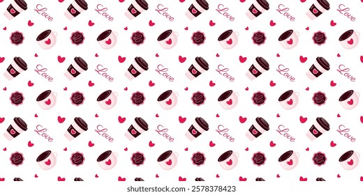 Seamless pattern with lovely coffee, chocolates, hearts and inscriptions on white background.Design for decorations, wrapping papper, packaging, wallpapper, textile.Valentines day.Vector illustration.