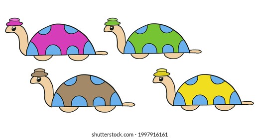Seamless pattern of lovely colorful turtles wearing heats that are walking in line, isolated on white background.