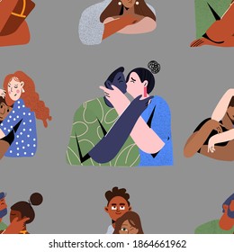  Seamless pattern. Lovely couple in love. Love is what it is. Trendy vector illustration. Flat design. Design for banner, card, placard, brochure.