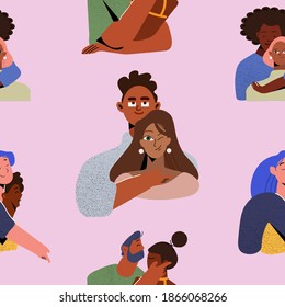 Seamless pattern. Lovely couple in love. Love is what it is. Trendy vector illustration. Flat design. Design for banner, card, placard, brochure.