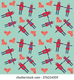 Seamless pattern with lovely couple of robots. Vector Illustration. 