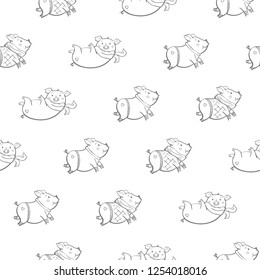 Seamless pattern with lovely cute cheerful piggies. Winter background in hand drawn style. Card with cartoon animal. Easy vector illustration