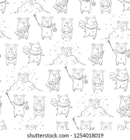 Seamless pattern with lovely cute cheerful piggies. Winter background in hand drawn style. Card with cartoon animal. Easy vector illustration