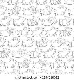 Seamless pattern with lovely cute cheerful piggies. Winter background in hand drawn style. Card with cartoon animal. Easy vector illustration