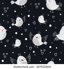 Patrón sin foco con adorables pájaros lindos con puntos y corazones. Fondo monocromo con pájaros. Ilustración de vector infantil, dibujada a mano de bebé, con personajes de pájaro felices.  
