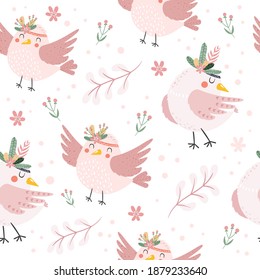 Patrón sin foco con adorables pájaros lindos con flores y ramas. Fondo floral de niñera con pájaros. Colores rosas. Ilustración de vector infantil, dibujada a mano de bebé, con personajes de pájaro felices.  