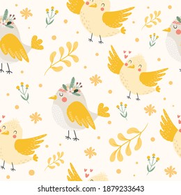 Seamless pattern with lovely cute little birds with flowers and branches. Floral background with birds. Yellow colors. Childish, baby hand drawn vector illustration  with happy  bird characters.  
