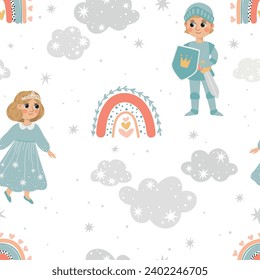 Seamless pattern with lovely cute princesses and princes. Ideal for printing on fabric or paper