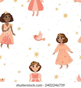 Seamless pattern with lovely cute princesses. Ideal for printing on fabric or paper