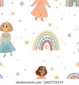 Seamless pattern with lovely cute princesses. Ideal for printing on fabric or paper