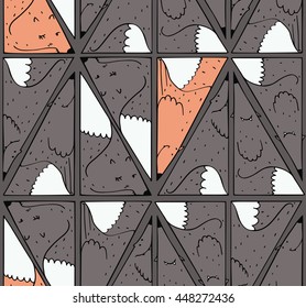 Seamless pattern with lovely dark foxes in triangle shape, drawn close to each other in geometric background. Vector illustration, good for kids wallpapers or wrapping paper. Hand drawn, fun, cute.