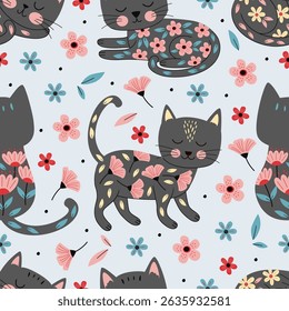 seamless pattern with lovely floral cat and flowers