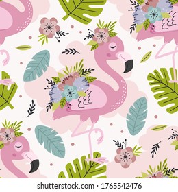 seamless pattern with lovely floral pink flamingo
-  vector illustration, eps
