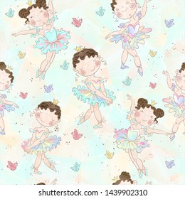 Seamless pattern. Lovely girls ballerinas dancing. Vector.