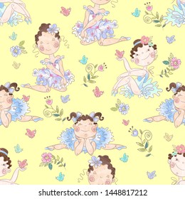 Seamless pattern. Lovely girls ballerinas. Vector.