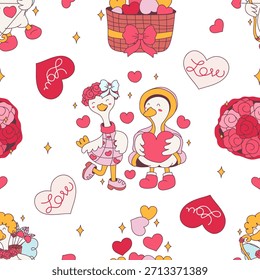 Patrón sin fisuras de encantador romance de ganso lleno de corazones encantadores y rosas en flor. Ilustración vectorial.