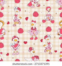 Seamless Pattern of Lovely Goose Romance filled with charming hearts and blooming roses. Vector illustration.