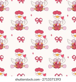 Nahtloses Muster der Lieblichen Gänse Romantik gefüllt mit charmanten Herzen und blühenden Rosen. Vektorgrafik.